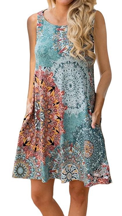Women's Summer Casual Sleeveless Floral Printed Swing Dress Sundress With Pockets