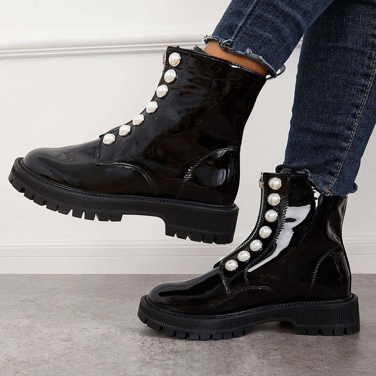 Black Patent Leather Lug Sole Combat Boots Platform Ankle Booties