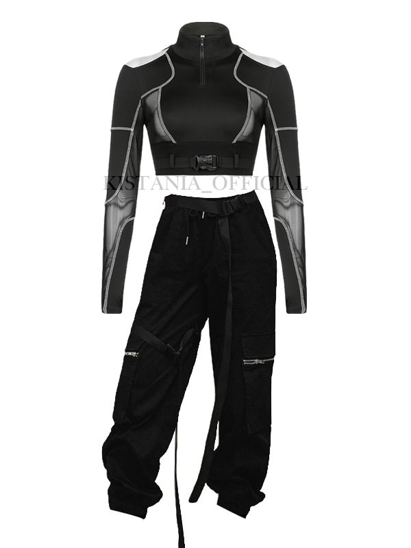 Gothic Dark Paneled See-through Long Sleeve Off Shoulder Midriff Sweatshirt + Overalls Black Pencil Pants 2-piece Sets