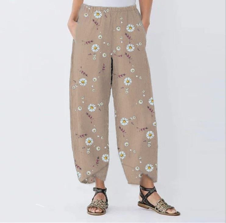 Women's pants daisy flower printed elastic waist cotton and linen casual pants wide leg pants