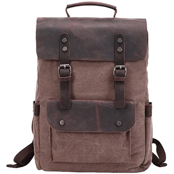 Vintage Genuine Leather Canvas Laptop Backpack for 15.6 inch