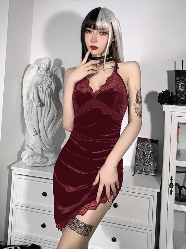 Velvet Dark Goth Cross Adjustable Spaghetti Straps Shirred Lace Paneled Bodycon Asymmetrical Dress