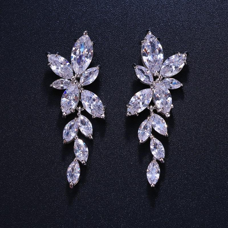 Marquise Cut Cluster Leaf Shiny Zirconia Dangle Drop Earrings-VESSFUL