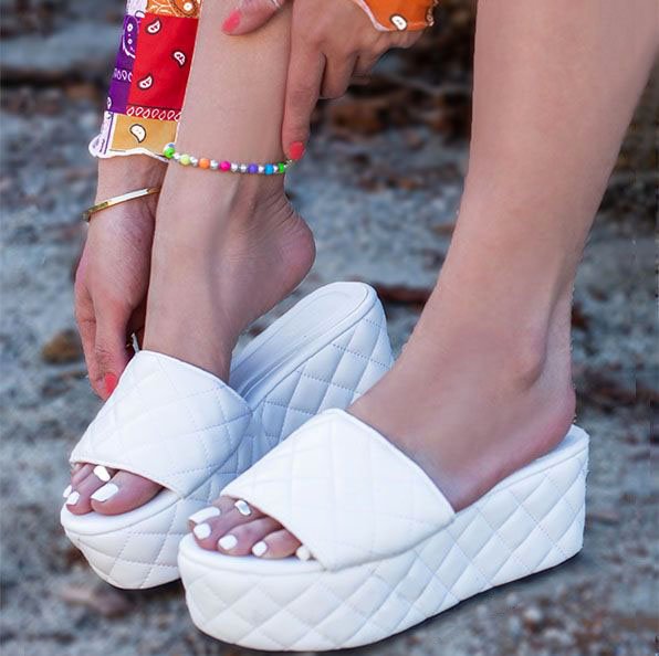 Women's Stylish Platform Wedge Quilted Leatherette Slide Sandal