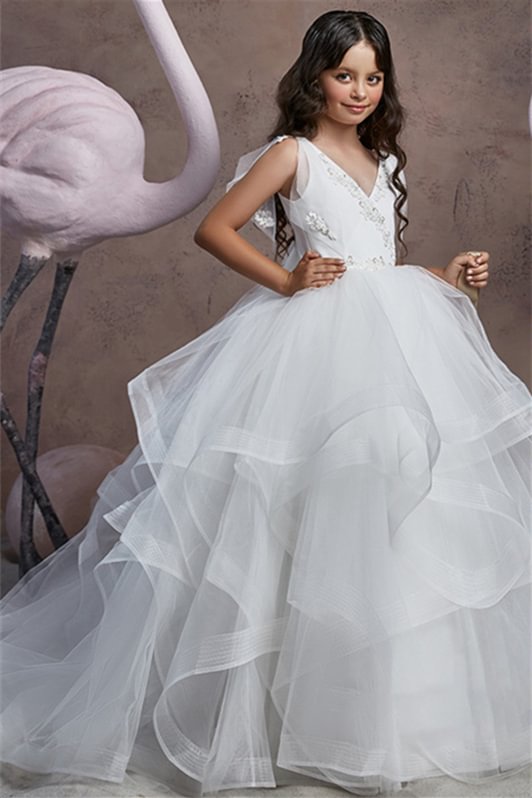 Luluslly White V-Neck Ruffles Sleeves Flower Girl Dress Tulle Online