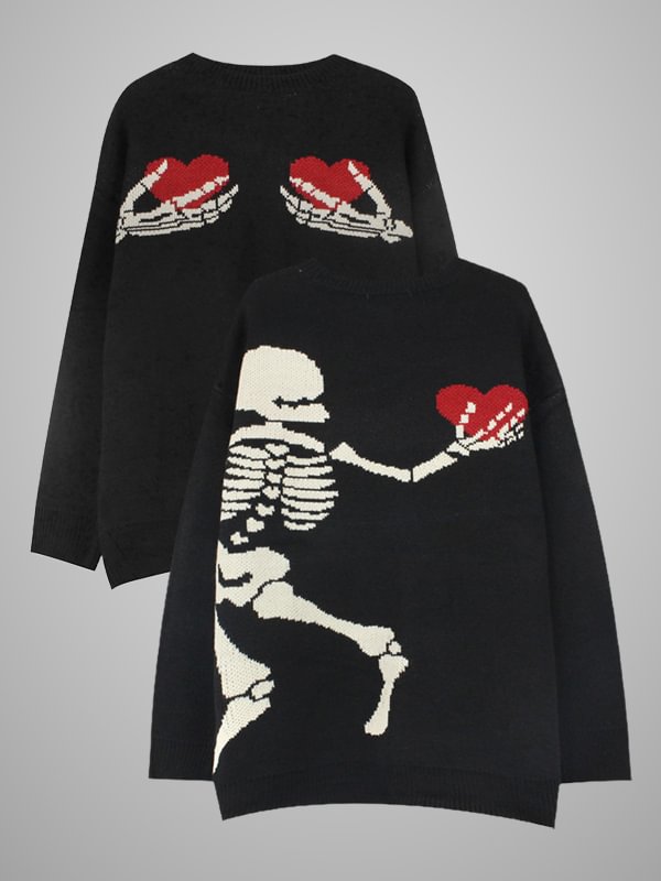 Gothic Dark Statement Skull and Heart Intarsia Color Block Crew Collar Long Sleeve Oversize Sweater