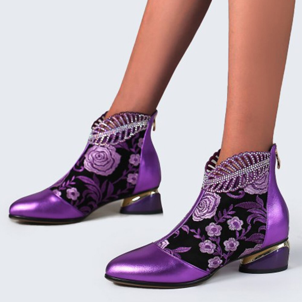 NUHEEL Ankle Booties for Women with Chunky Heel Embroidered Flowers Rhinestone Leather Boots - vzzhome