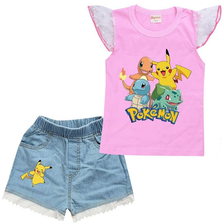 Pokemon Pikachu Print Girls Ruffle Tank Top Denim Shorts Summer Set-Mayoulove