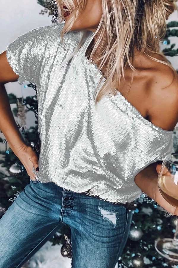 Womens Solid Color Sequin Off Shoulder Short Sleeve Top-Allyzone-Allyzone
