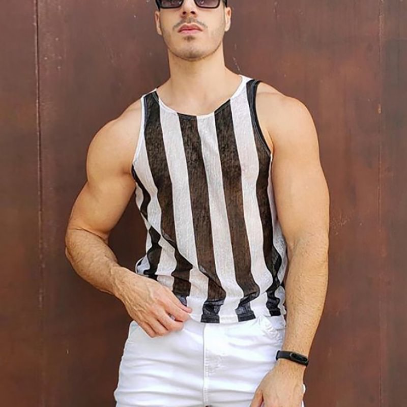 Striped See-through Sleeveless Streetwear Casual Men's Mesh Tank Tops-VESSFUL