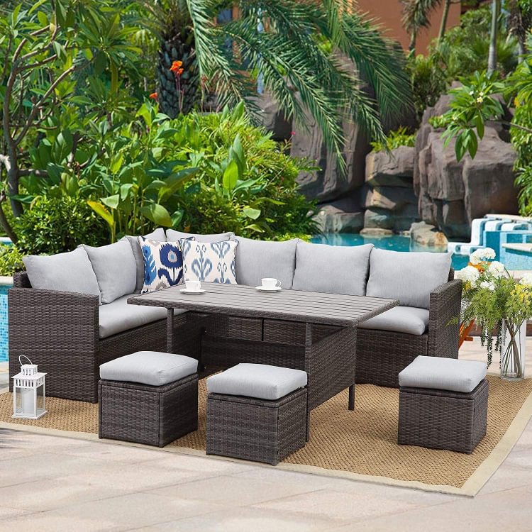  Patio Furniture Set, 7 Piece Outdoor Dining Sectional Sofa with Dining Table and Chair