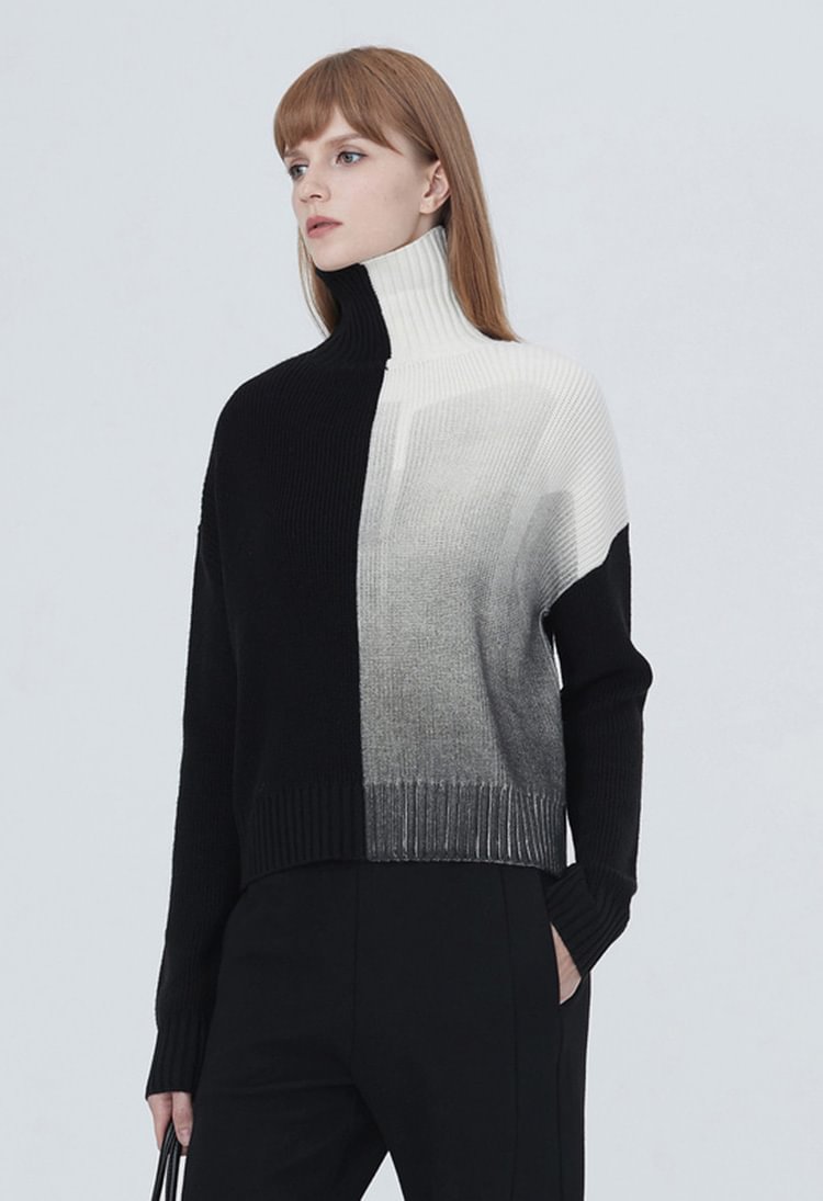 SDEER Contrasting Panel High Neck Ribbed Sweater