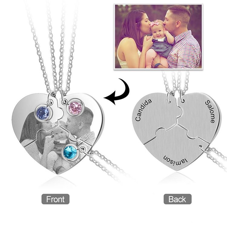 Heart Matching Picture Necklace With 3 Birthstones Engraved 3 Names Personalized Gift, Custom Necklace with Picture and Name