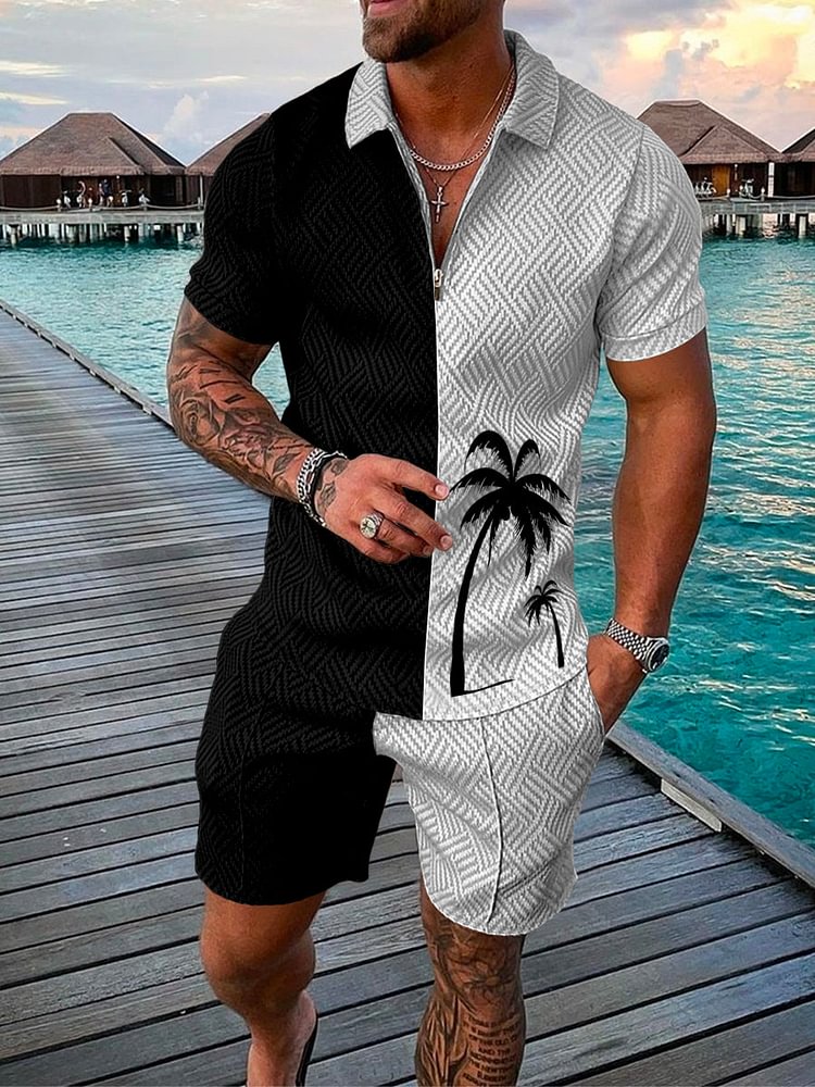 Men's Coconut Print Black and White Contrast Polo Suit