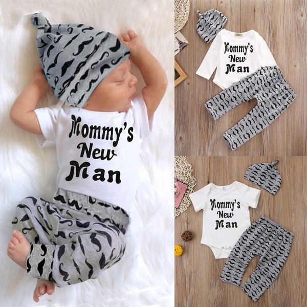 3PCS Newborn Infant Baby Boy Cotton Tops Romper+Pants Legging+Hat Outfits Clothes Set