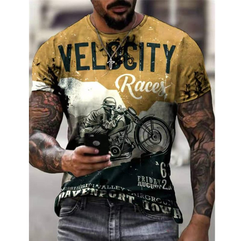 Motorcycle Style Crew Neck Short Sleeves Men T-Shirts-VESSFUL