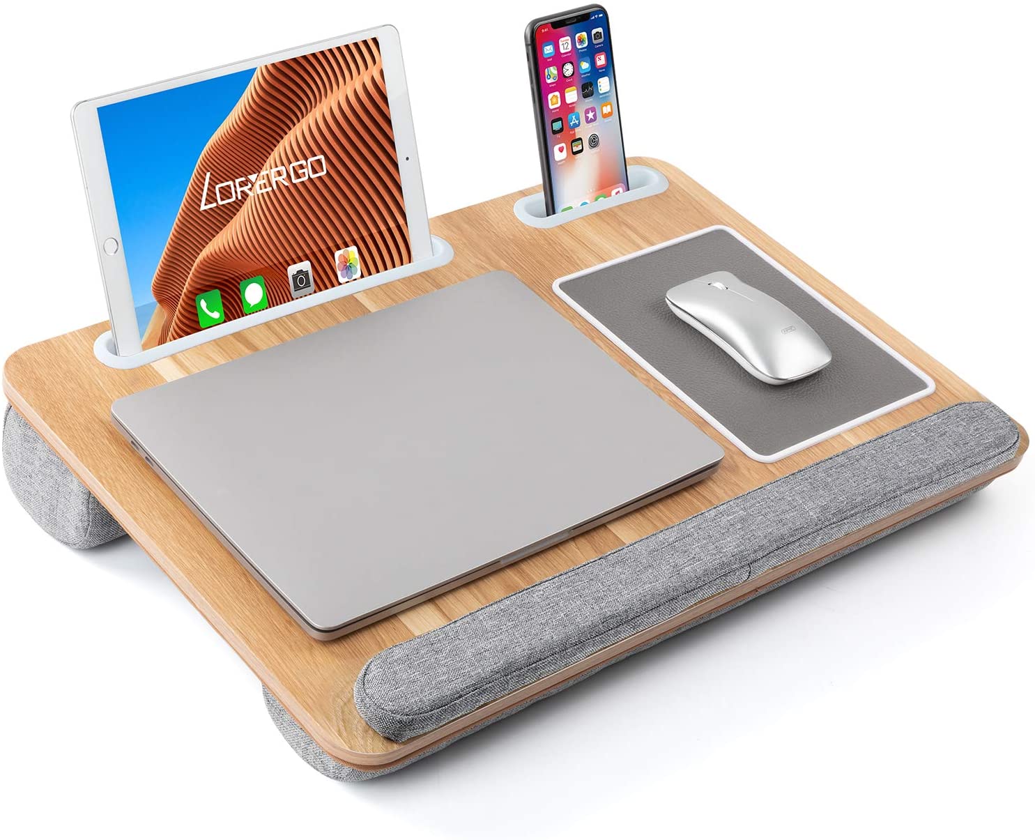Multifunctional Slot for Tablet Natural Wood AMERIERGO Lap Desk Laptop Lap Desk with Dual Cushion Wrist Rest & Built-in Mouse Pad Portable Laptop Stand for Sofa & Bed Pen & Phone 