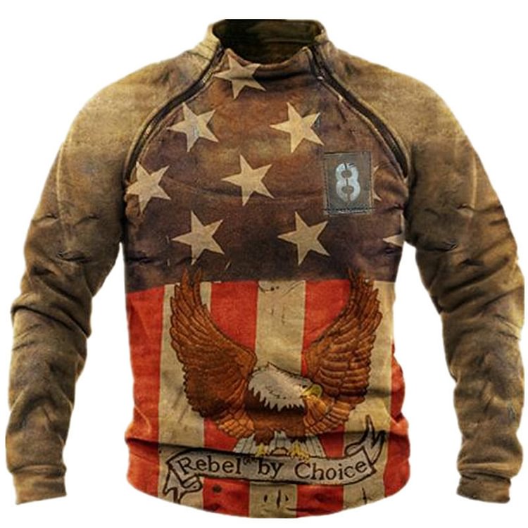 BrosWear Vintage Flag Eagle Print Outdoor Casual Men's Sweatshirt Brown