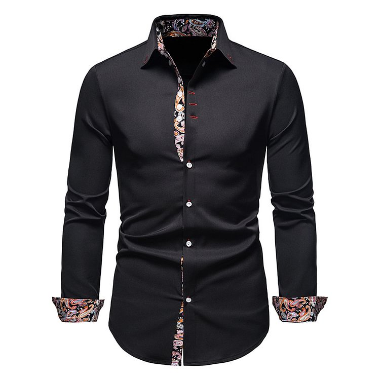 BrosWear Men's Fashion Slim Floral Trim Long Sleeve Shirt Black