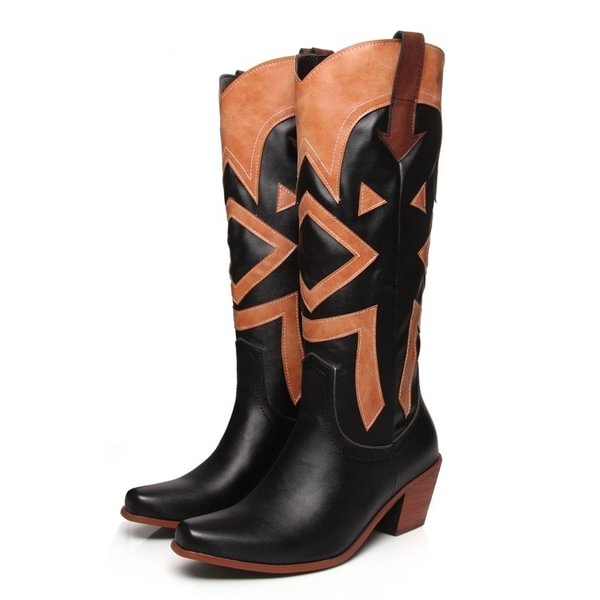2019 The New Style Western Cowboy Boots For Women Pointy Toe Cowgirl Boots Square Heels Knee High Boots Retro Women Boots