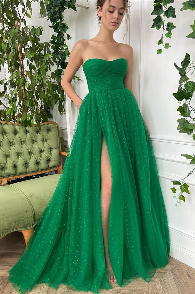 Luluslly Strapless Green Tulle Prom Dress Long With Slit Online