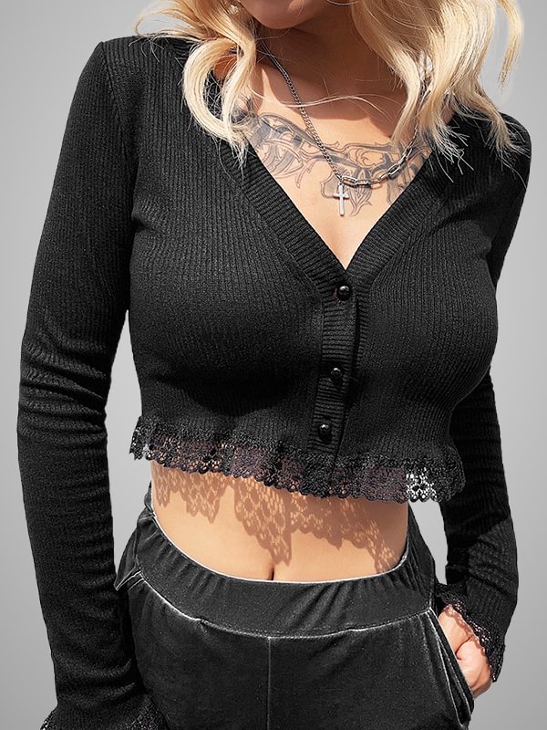 Vintage Paneled Lace Crochet-trimmed Buttoned V Neck Midriff Top 