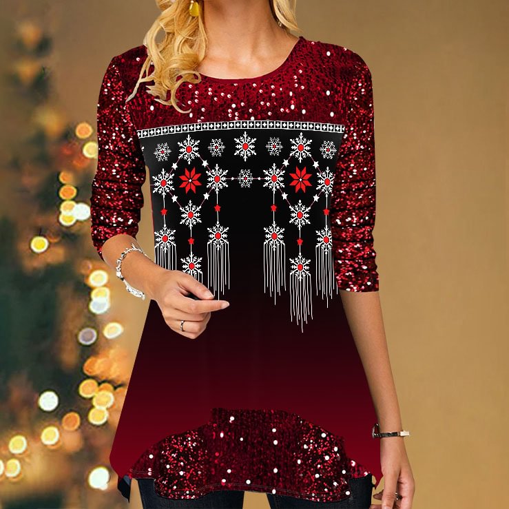 Christmas Snowflakes Shiny Sequins Printed Casual Tunic Tops