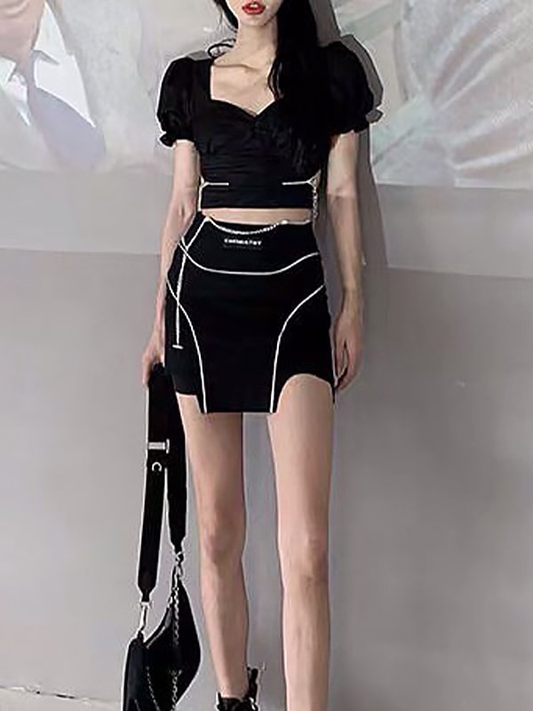Statement Reflective Straps Chain-trimmed Asymmetrical Bodycon Skirt