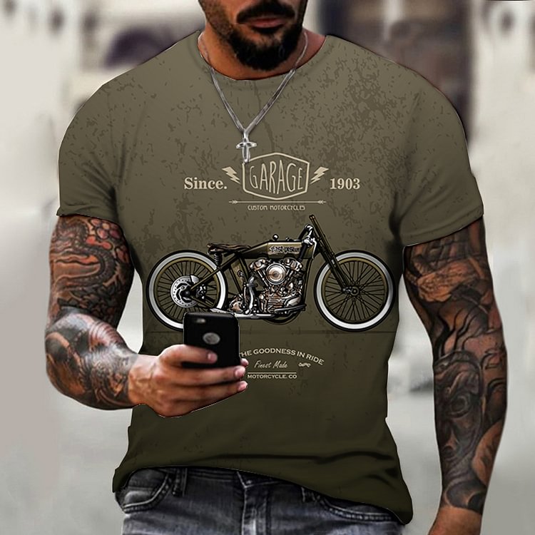 Retro Motorcycle Patterns Series Summer Loose Short Sleeve Men's T-Shirts