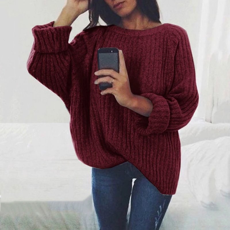 Sweater Women's Fashion Solid Color Round Neck Knitted Top Sweater Pullover-Corachic
