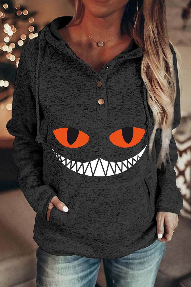 Women's Hoodies Smiley Print Button Hoodie-Mayoulove