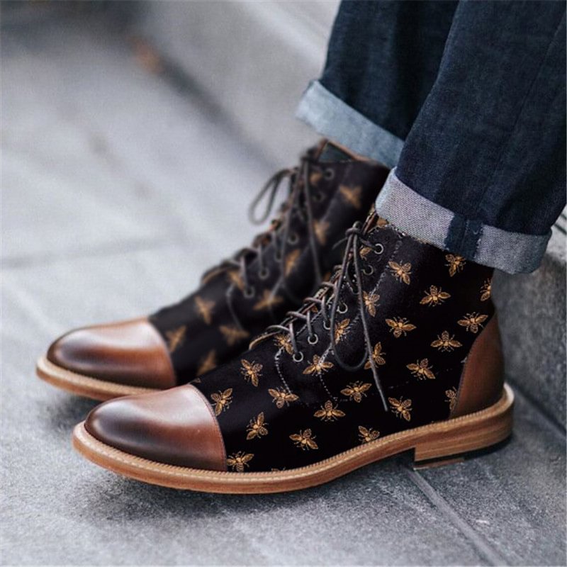 Fashion bee print middle-top laced men's boots - Krazyskull