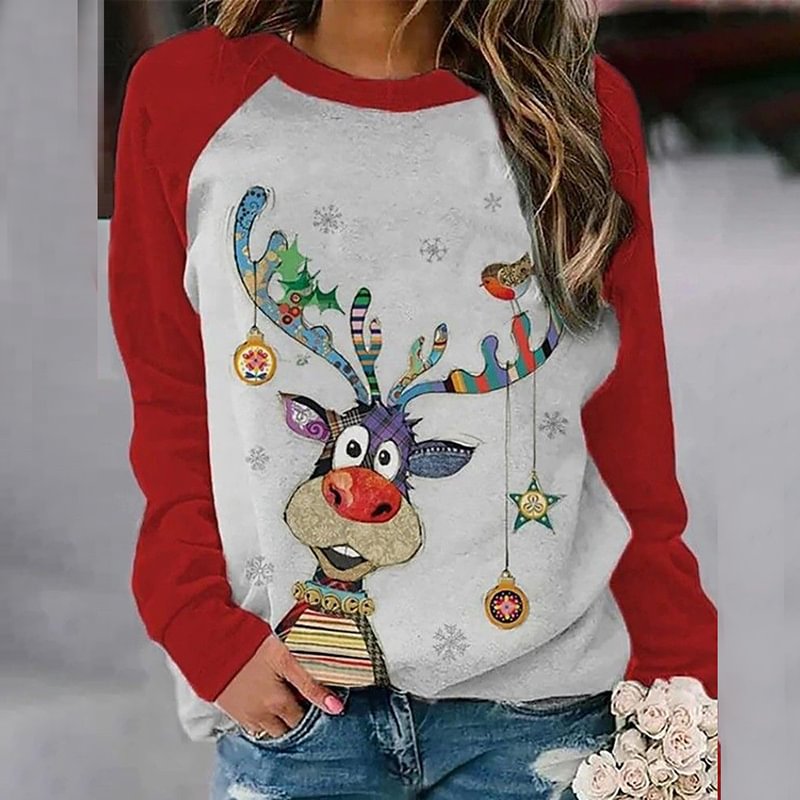 Christmas Reindeer Printed Casual Raglan Sleeves Sweatshirt