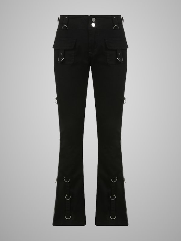 Metal Dark Zipper Pockets-trimmed Buttoned Straight High-rise Pants