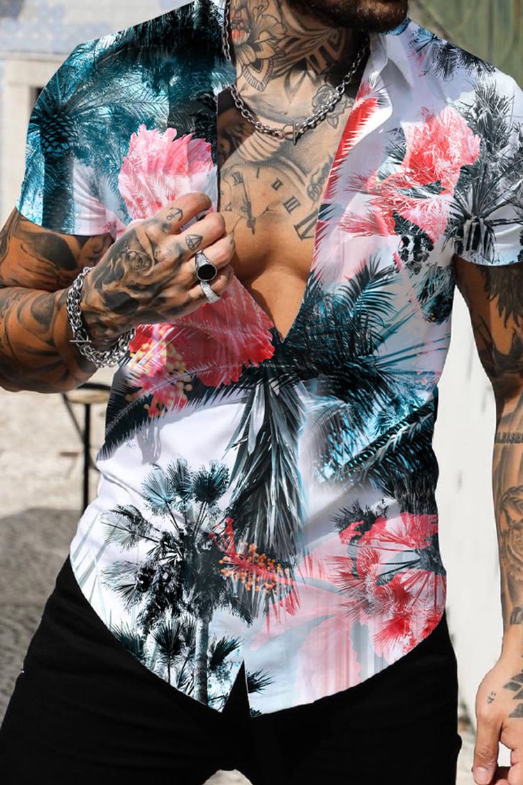 Tiboyz Hawaiian Leaf Print Short Sleeve Shirt