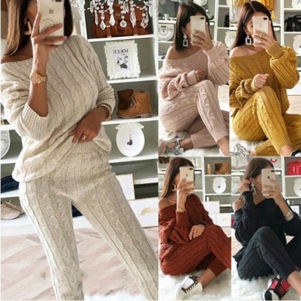 Women's Fashion Street Style Women's Solid 2 Piece Set Jogging Suit Casual Knitted Pullover Tracksuit Sportswear Warm Sweater + Long Pants Sweatshirts Outfits