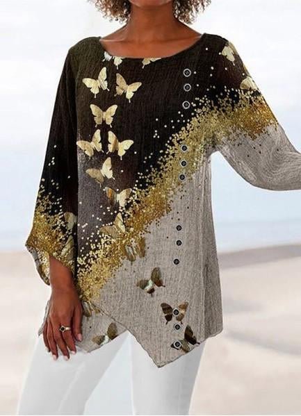 Golden Butterflies Printed Long Sleeve Tops For Women