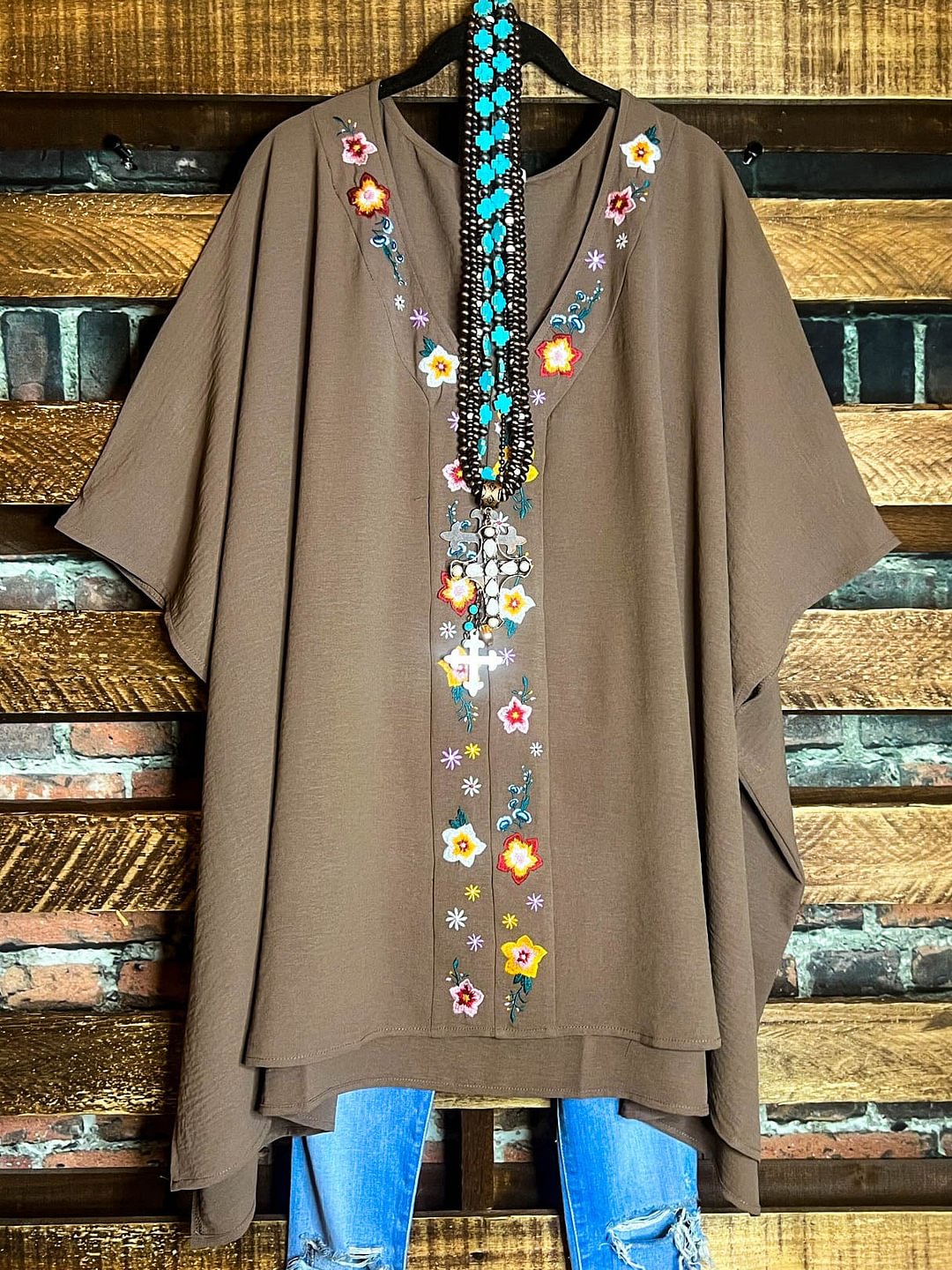 Women's Floral Embroidered V-Neck Overside Tunic