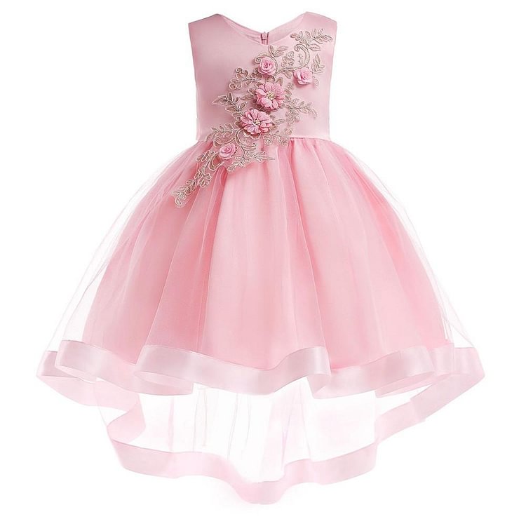 Girls Pink Red Embellished High Low Tulle Birthday Party Gown Dress-Mayoulove