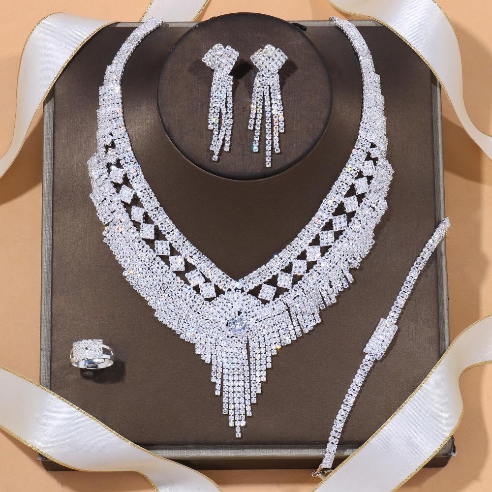 Rhinestone Bridal Geometric Jewelry Silver Necklace Sets-VESSFUL