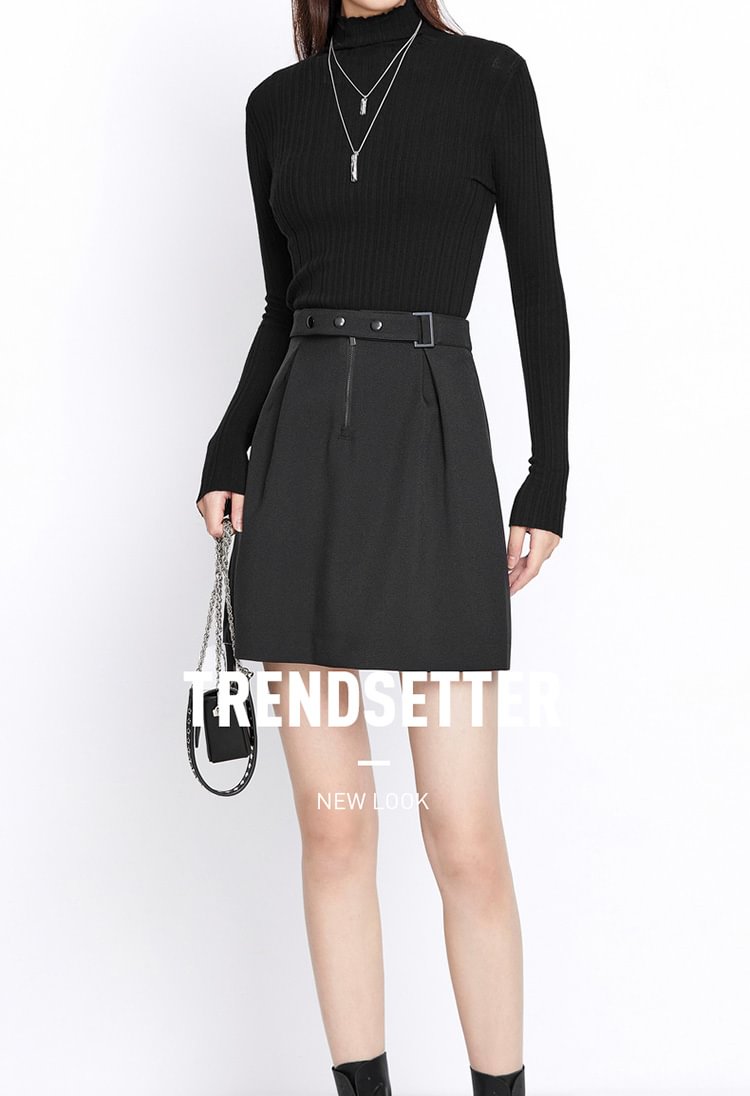 SDEER Fashion Stitching Pleated Black A-line Commuter Skirt