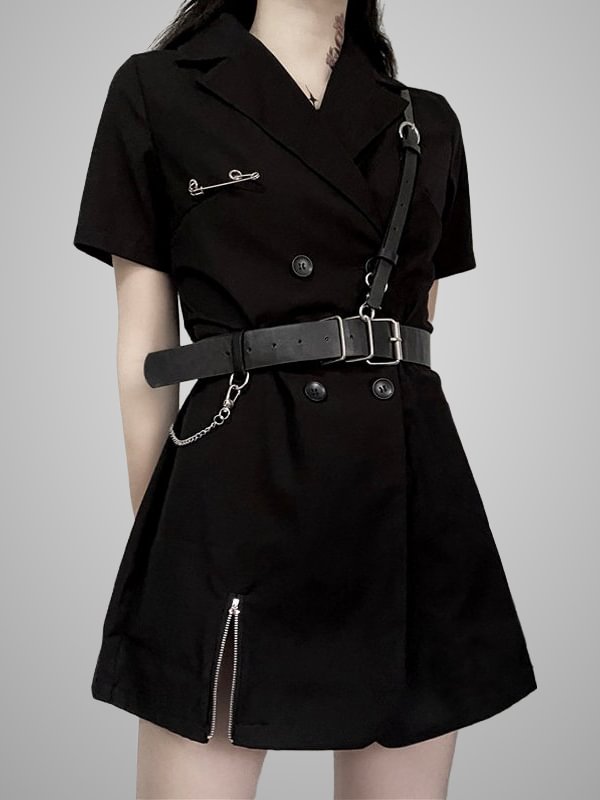 Dark French Style JK College Style Buttoned Zipper Belt-decorated Tight Waist Industrial Dress