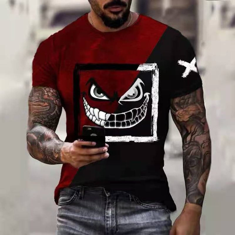 Black&Red Smiling Face Print Tops Summer Short Sleeve Men's T-Shirts-VESSFUL