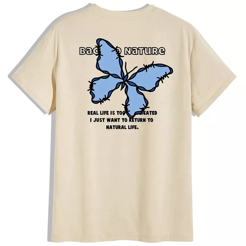 Hip Hop Streetwear Beige Men T Shirt Blue Butterfly Nature Life Summer Short Sleeve Cotton Loose Tops Tees Boy / Techwear Club / Techwear