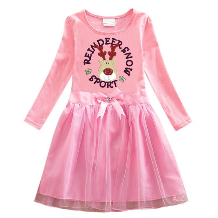 Reindeer Now Sport Print Girls Long Sleeve Cotton Tulle Bow Dress-Mayoulove