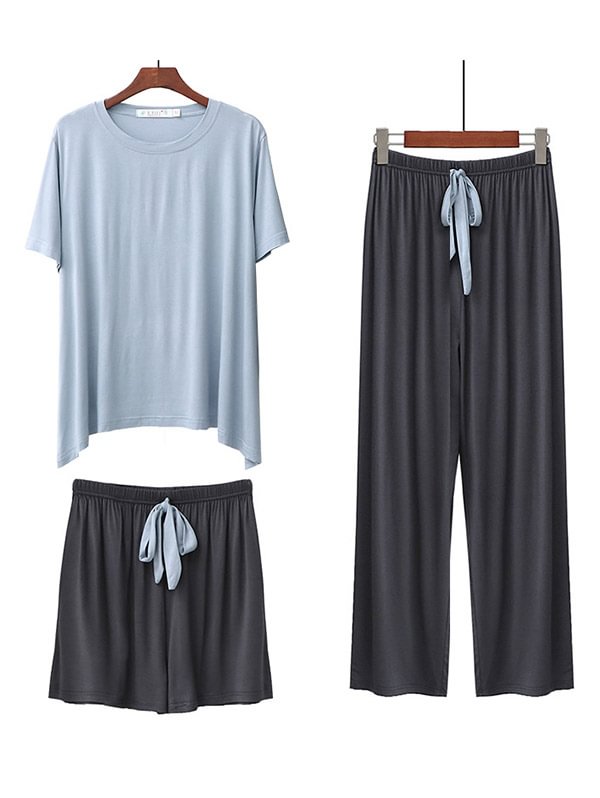 Three Pieces Comfortable Short Sleeve T-Shirt&Wide-Leg Shorts&Pants Pajama Suit