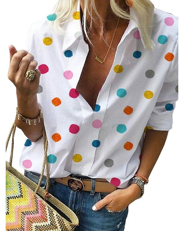 Women's Plus Size Blouse Shirt Polka Dot Sexy Long Sleeve Print Shirt Collar Tops Casual Basic Top White Blue Gray-829-Corachic