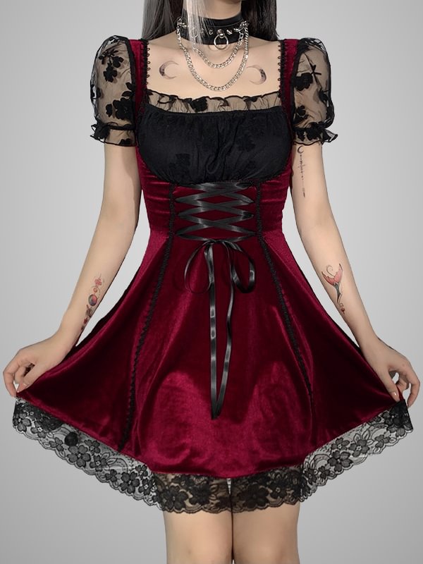 Gothic Dark Statement Velvet Paneled Lace Piping Dress