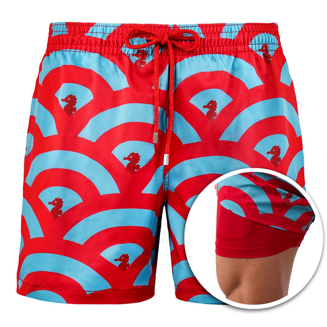 Red Clouds - Drawstring Beach Built-in Compression Liner Swim Trunks