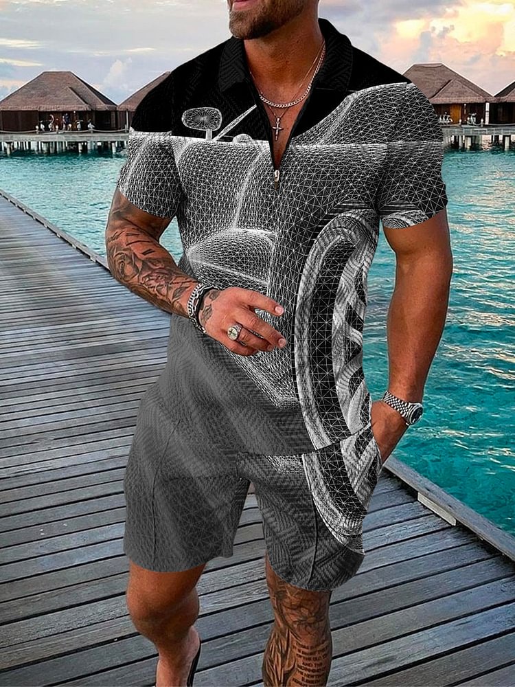 Men's Fashion Vacation Abstract Car Printing Polo Suit